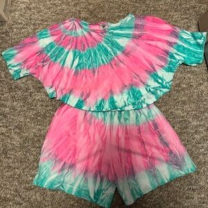 Vintage early 90’s Women’s Tie-Dye Pink & Teal Two-Piece Lounge Set